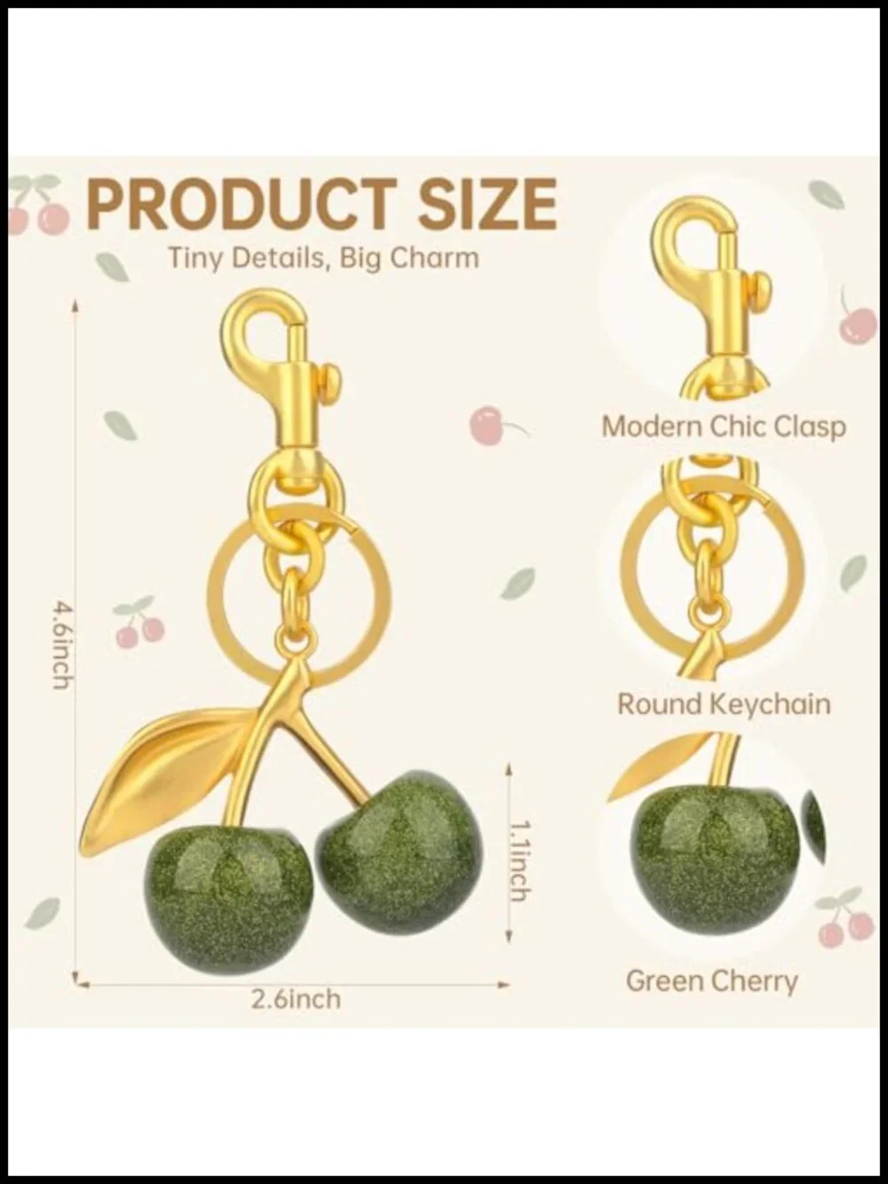 Cute Cherry Keychain with Gold-Tone Metal Clip, Bag Charm for Purse, Handbag
